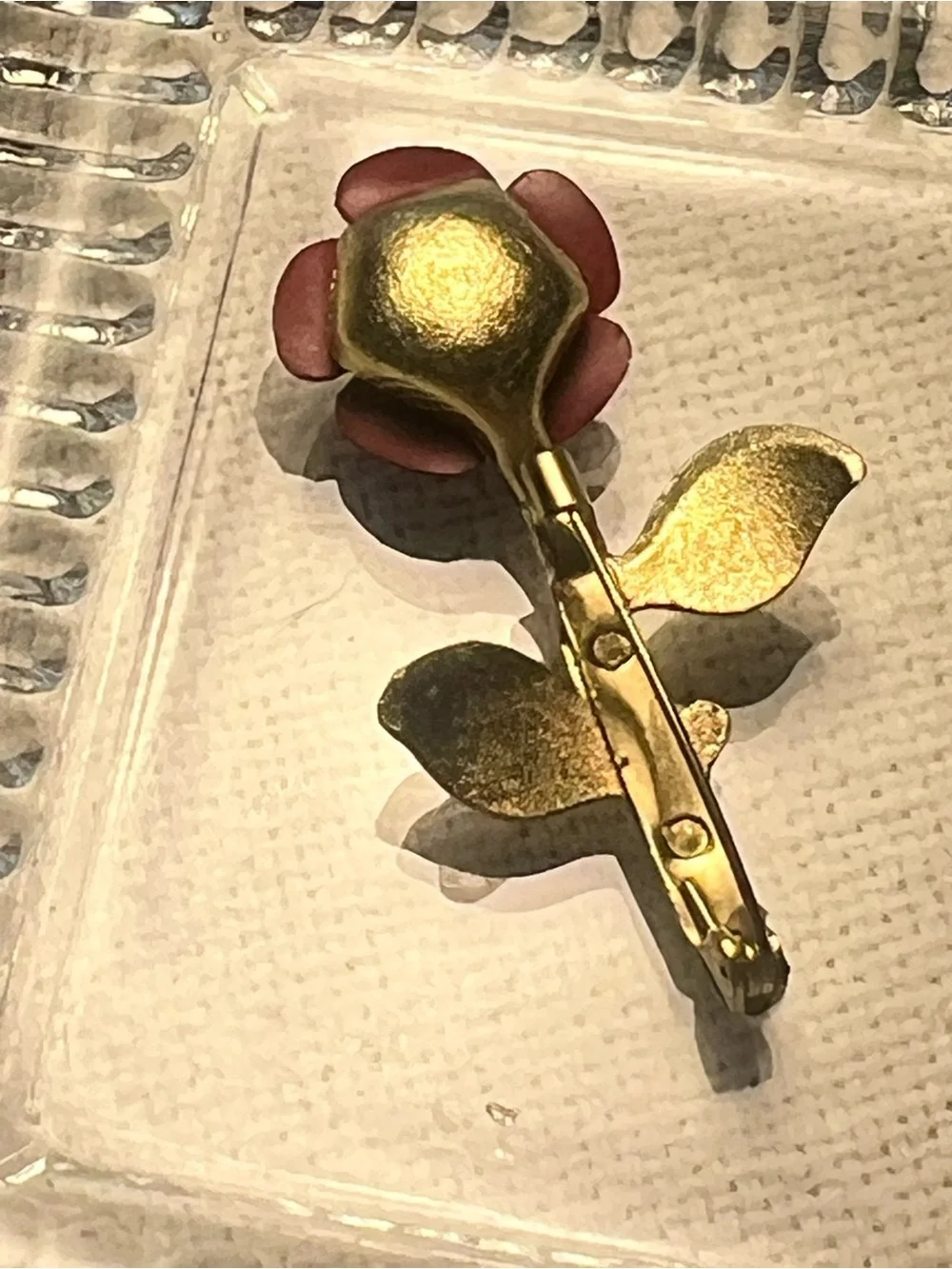 Vintage 1960s Red Rose Gold Tone Floral Brooch Pin Mid Century Romantic